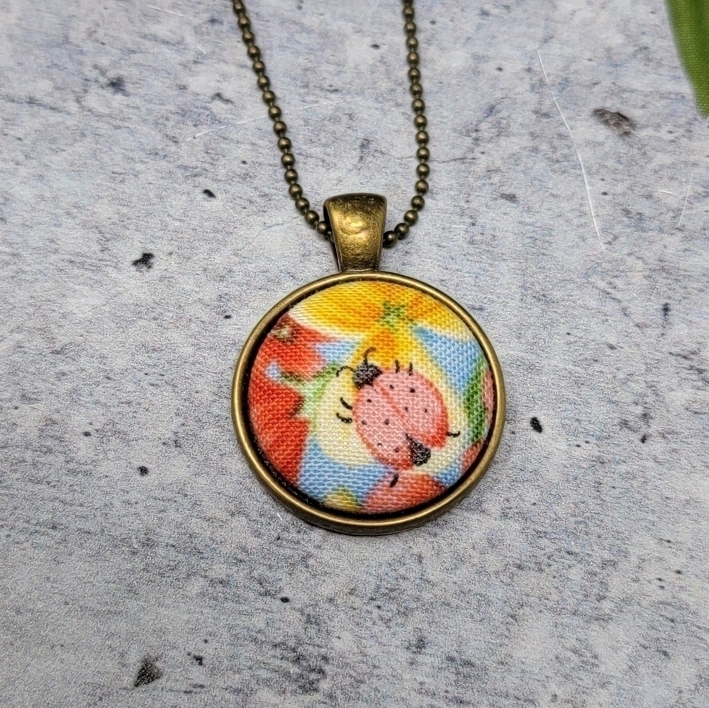 New Handmade Upcycled Floral Lady Bug Button Necklace